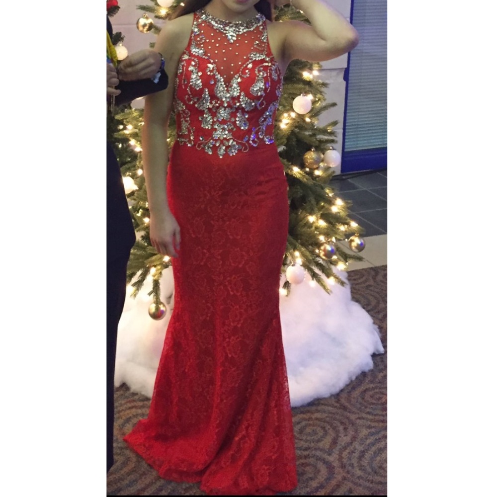 Prom Dress - Mermaid Red Lace & Rhinestones